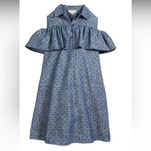 KATE SPADE NEW YORK COLD SHOULDER RUFFLE BLUE CHAMBRAY POLKA DOT DRESS Size 10